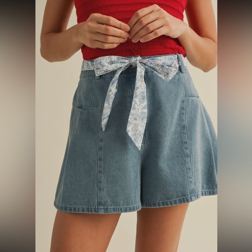 151 - High Rise Flounce Hem Denim Shorts with Floral Belt